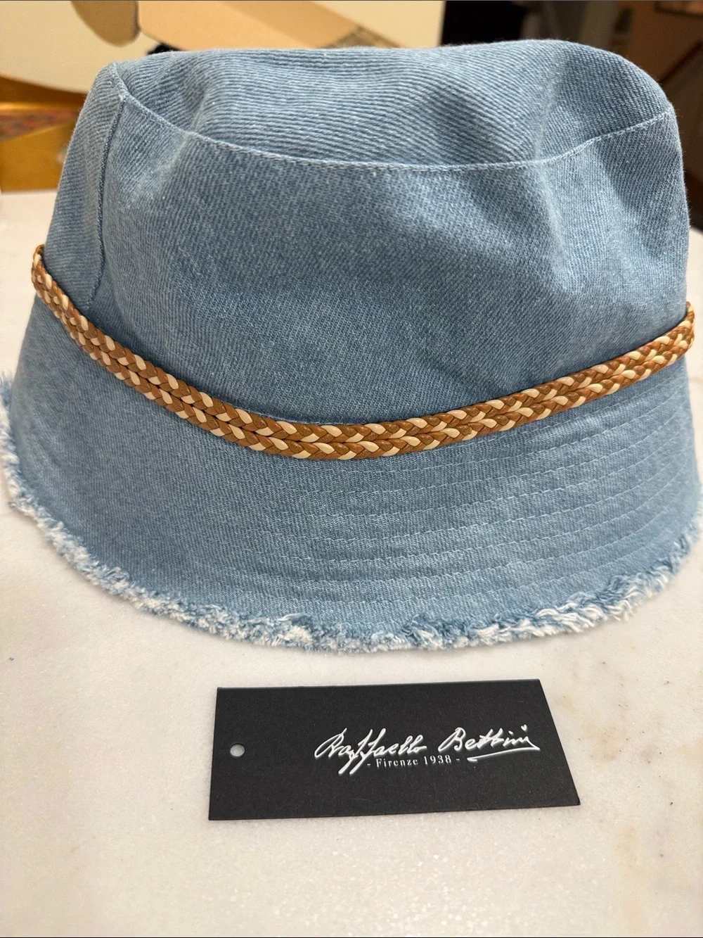 Light Blue Denim Bucket Hat with Braided Tan Leather Band